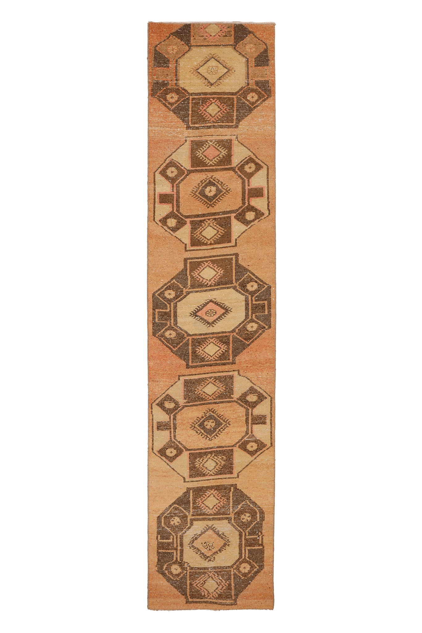 Vintage Malatya Turkish Runner Rug 2x10 ft — Brown & Orange Geometric