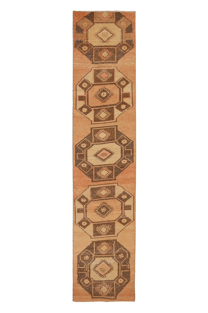 Vintage Malatya Turkish Runner Rug 2x10 ft — Brown & Orange Geometric