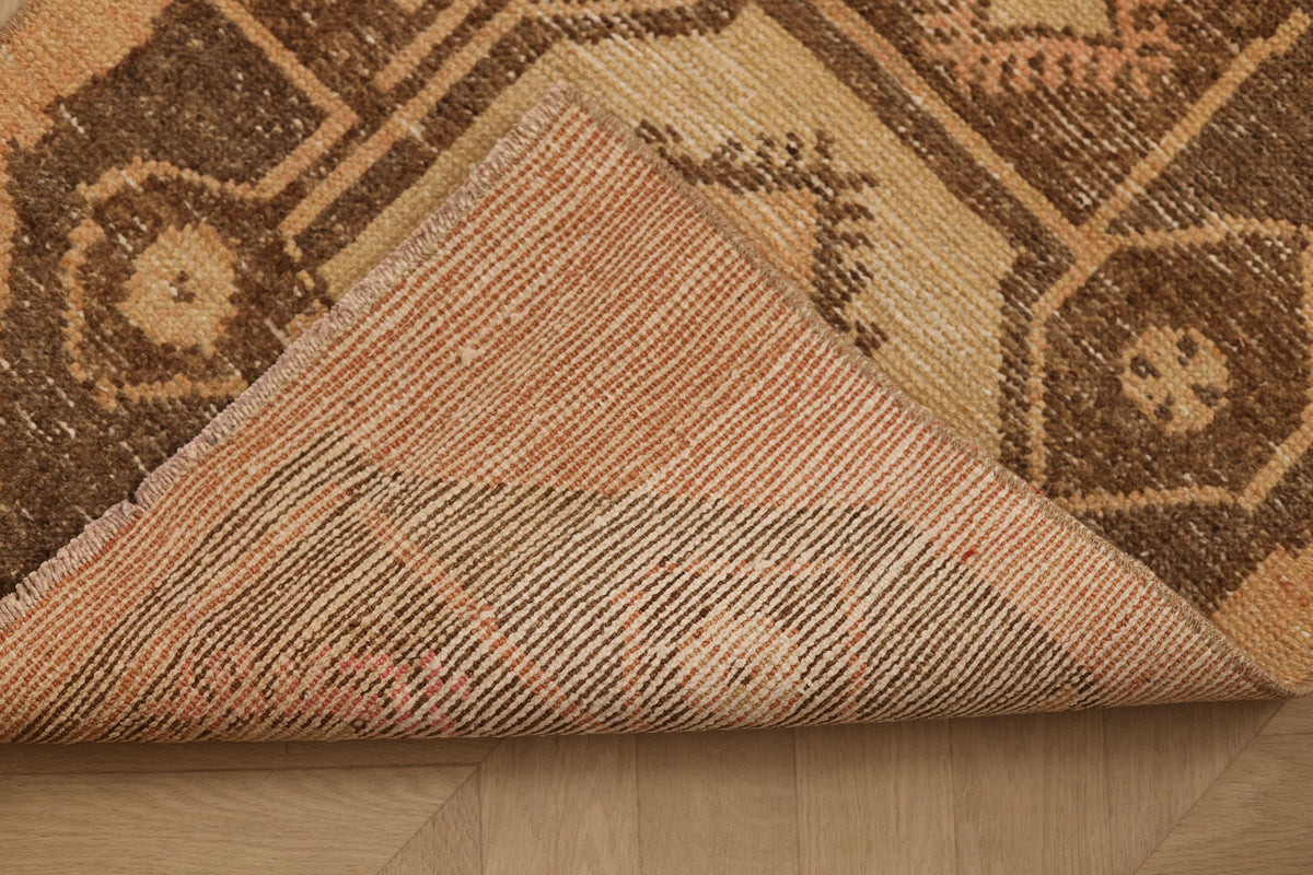 Vintage Malatya Turkish Runner Rug 2x10 ft — Brown & Orange Geometric