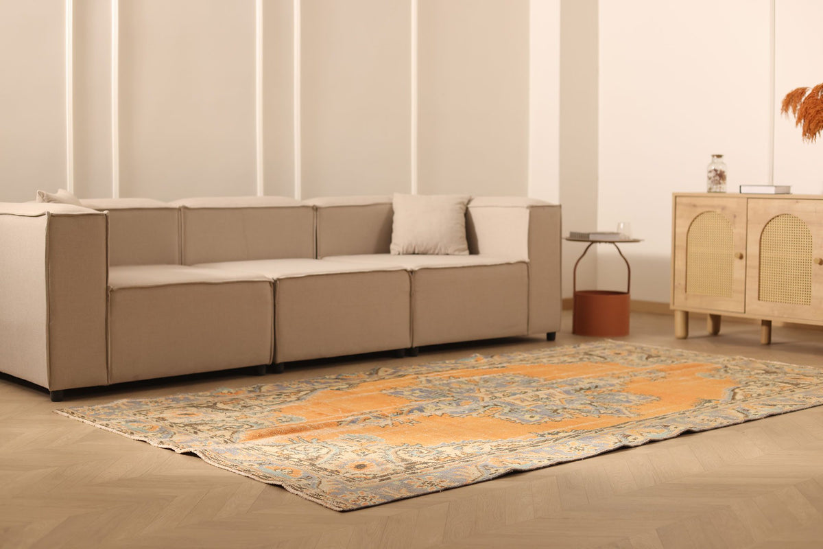 Vintage Manisa Turkish Area Rug 6x10 ft — Orange & Blue Floral