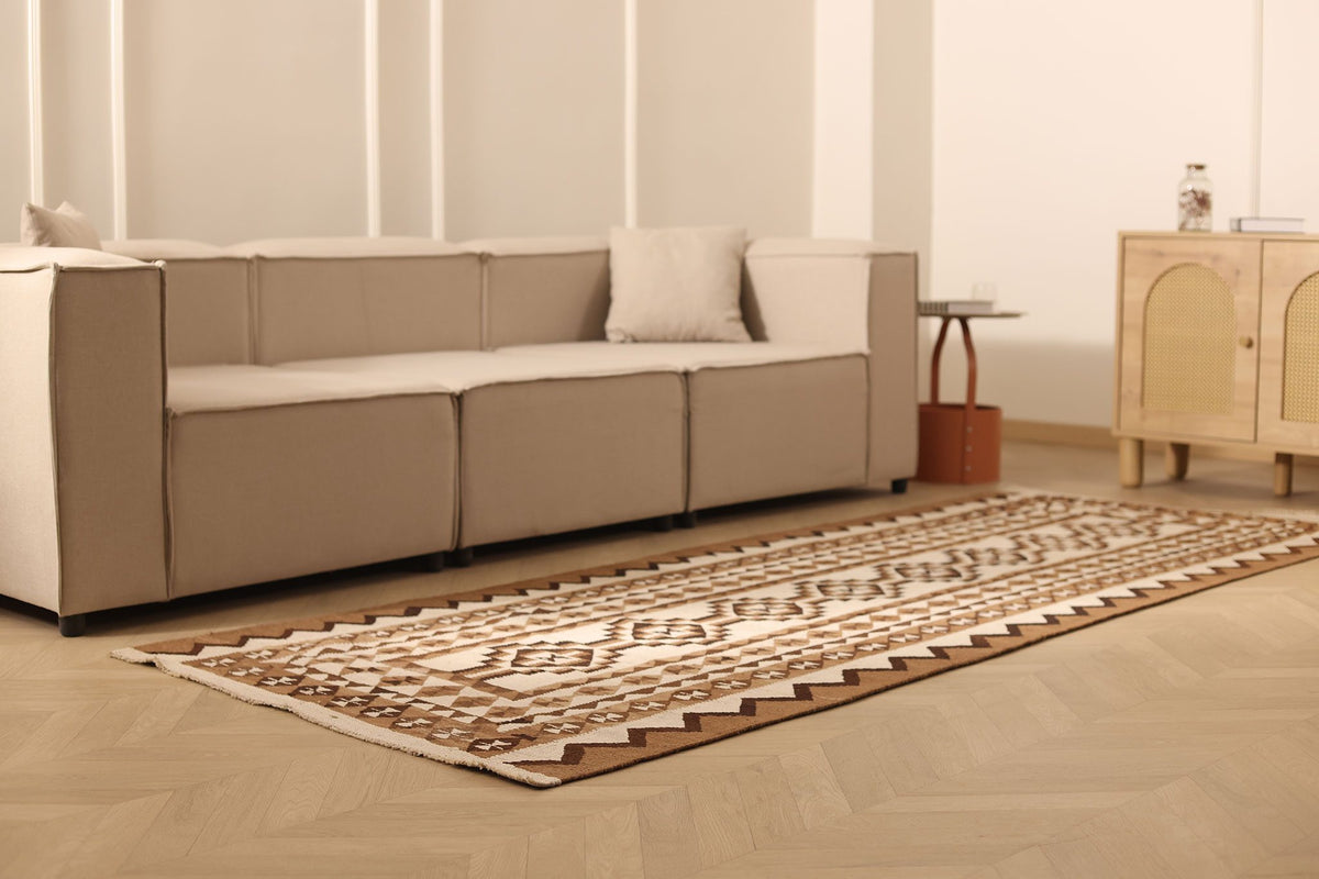 Vintage Southeastern Persian Style Kilim Runner Rug 4x10 ft — Brown & Beige Geometric