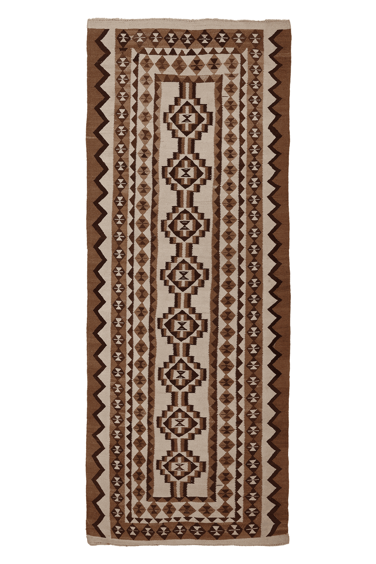 Vintage Southeastern Persian Style Kilim Runner Rug 4x10 ft — Brown & Beige Geometric