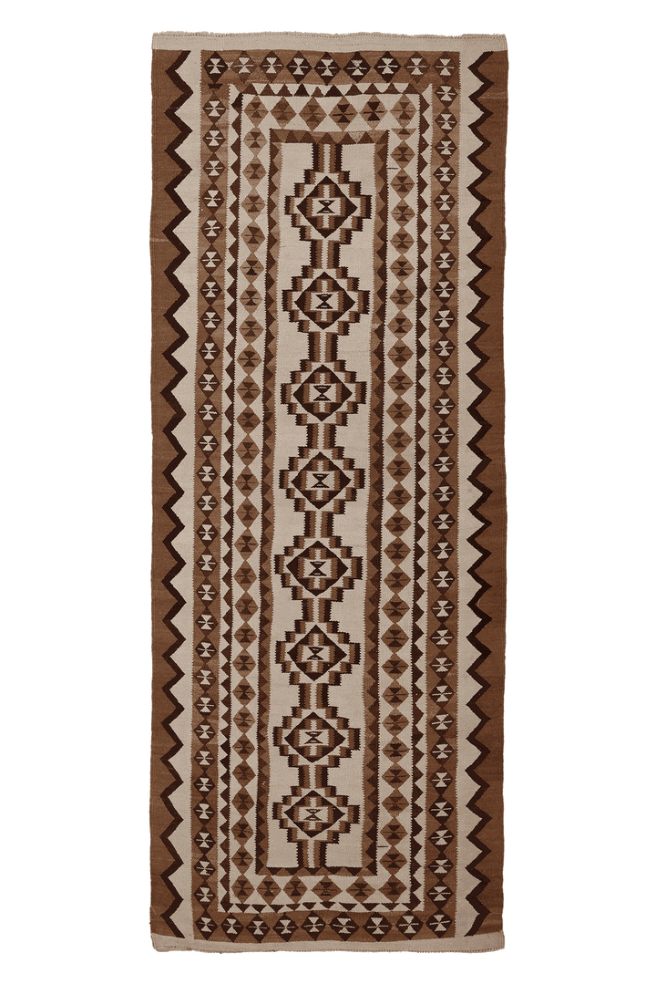 Vintage Southeastern Persian Style Kilim Runner Rug 4x10 ft — Brown & Beige Geometric