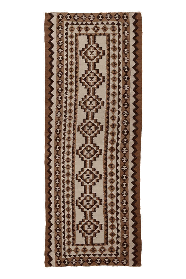 Vintage Southeastern Persian Style Kilim Runner Rug 4x10 ft — Brown & Beige Geometric