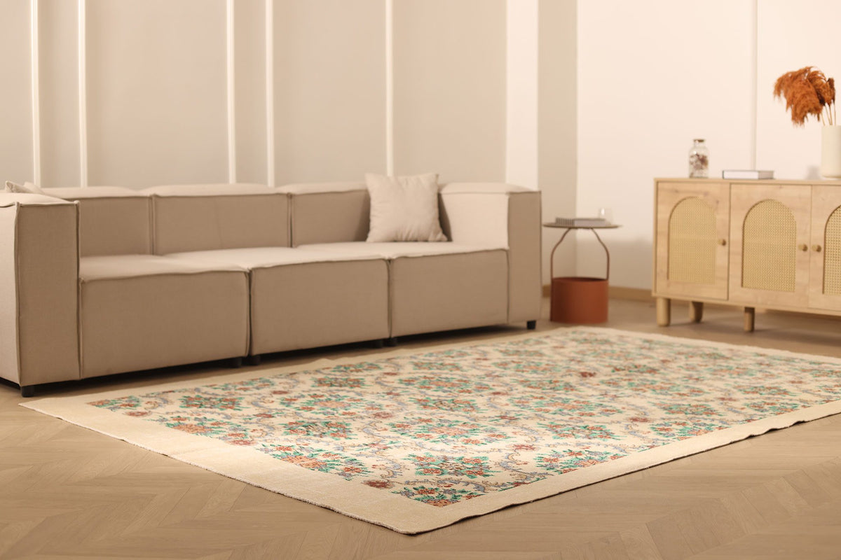 Vintage Isparta Turkish Area Rug 7x10 ft — Beige & Green Floral