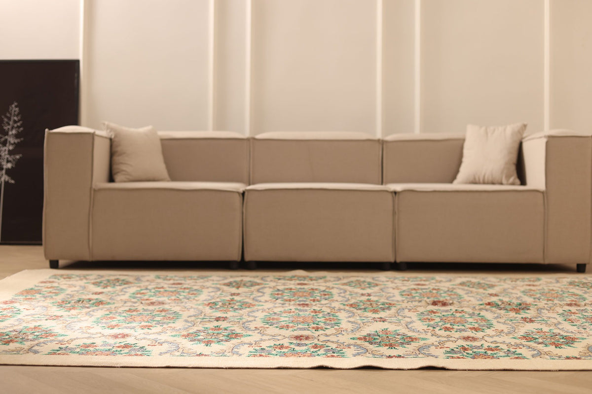 Vintage Isparta Turkish Area Rug 7x10 ft — Beige & Green Floral