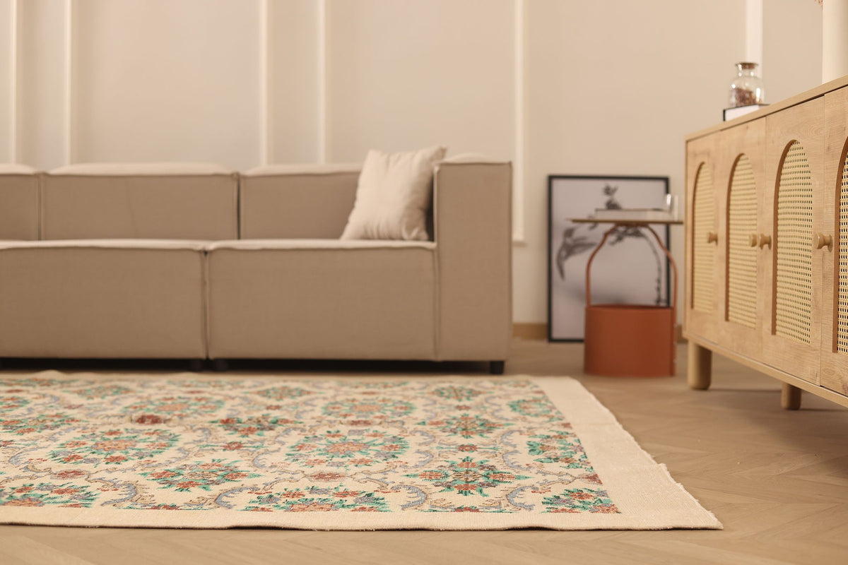 Vintage Isparta Turkish Area Rug 7x10 ft — Beige & Green Floral