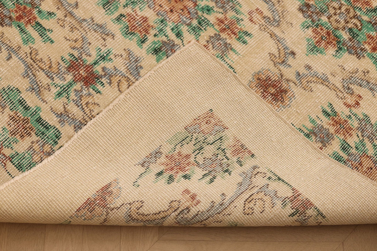Vintage Isparta Turkish Area Rug 7x10 ft — Beige & Green Floral