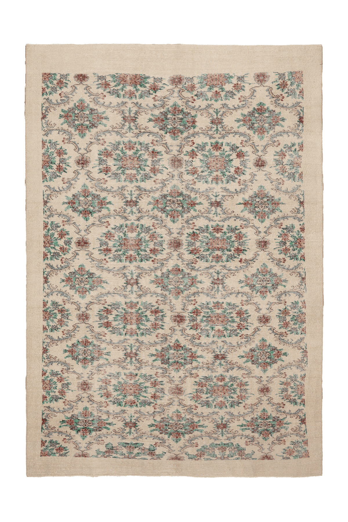 Vintage Isparta Turkish Area Rug 7x10 ft — Beige & Green Floral