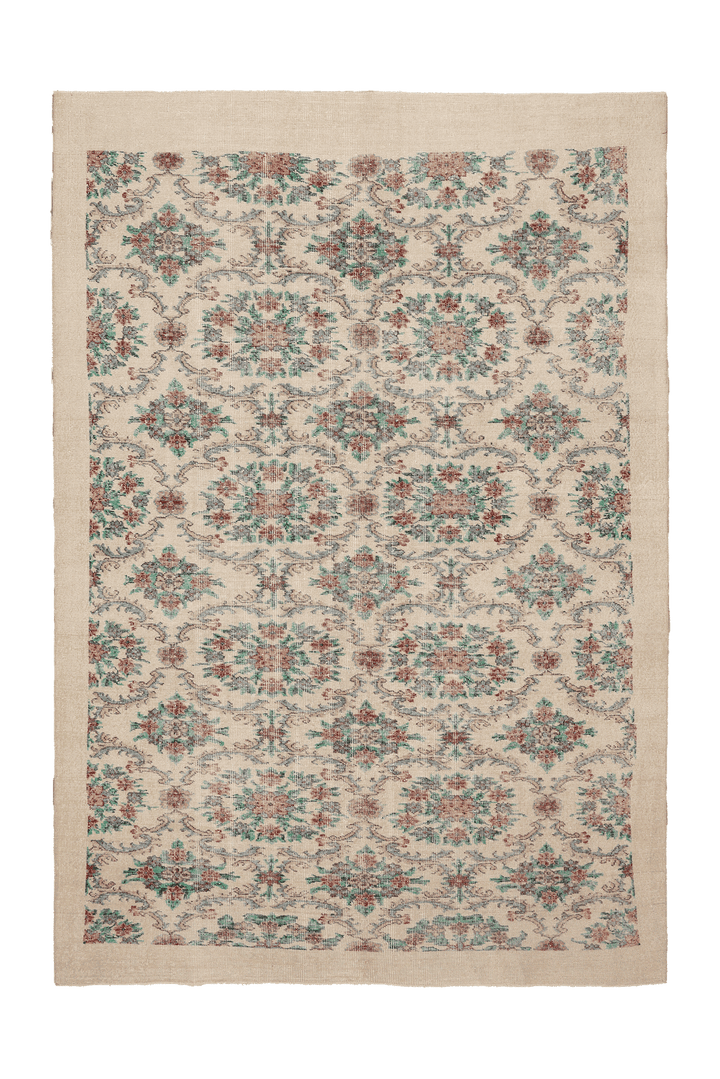 Vintage Isparta Turkish Area Rug 7x10 ft — Beige & Green Floral
