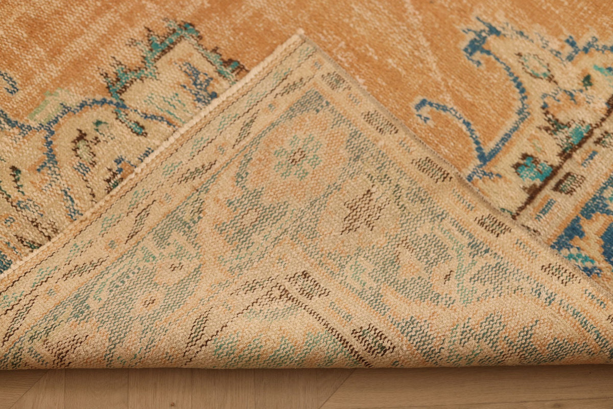 Vintage Manisa Turkish Area Rug 6x9 ft — Orange & Blue Floral