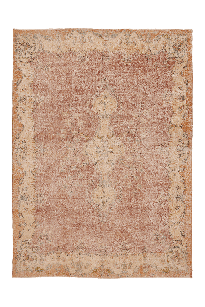 Vintage Isparta Turkish Area Rug 7x9 ft — Beige & Orange Floral
