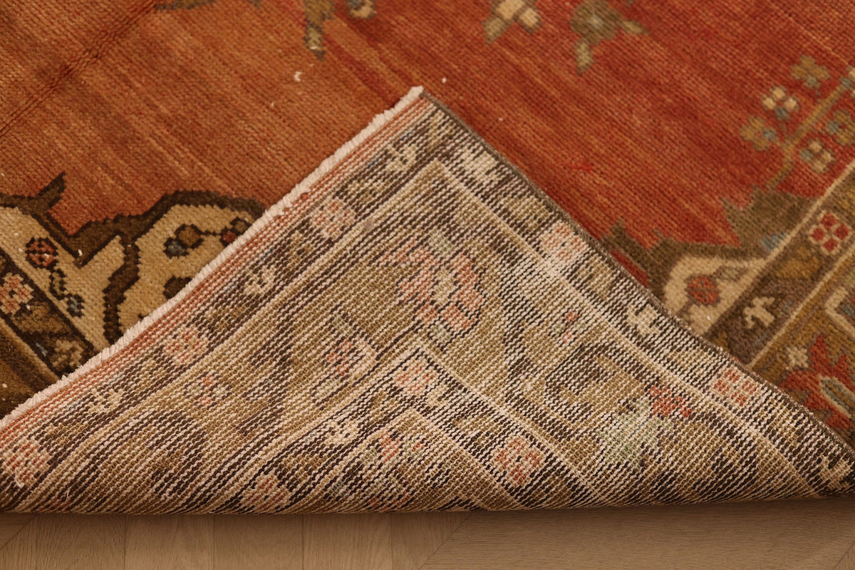 Vintage Çanakkale Turkish Area Rug 5x10 ft — Red & Brown Floral