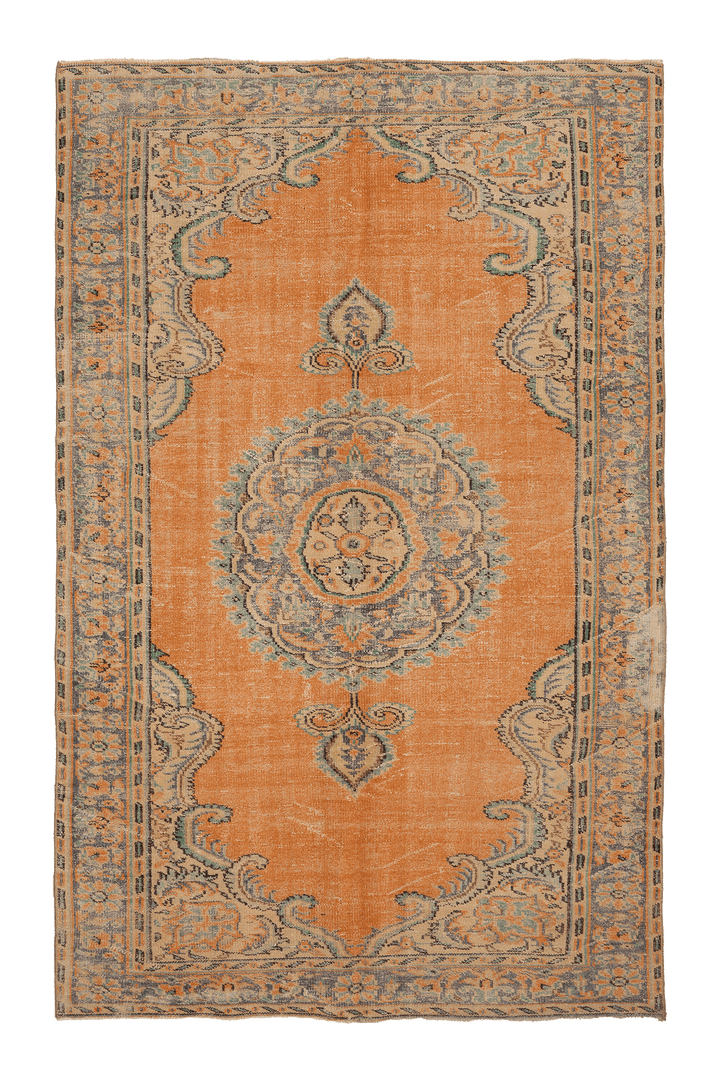 Vintage Isparta Turkish Area Rug 6x10 ft — Orange & Blue Floral