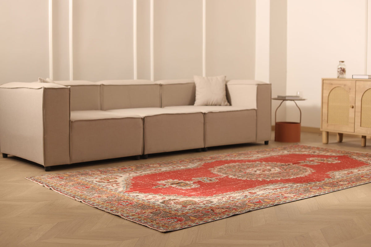 Vintage Isparta Turkish Area Rug 6x11 ft — Red & Beige Distressed