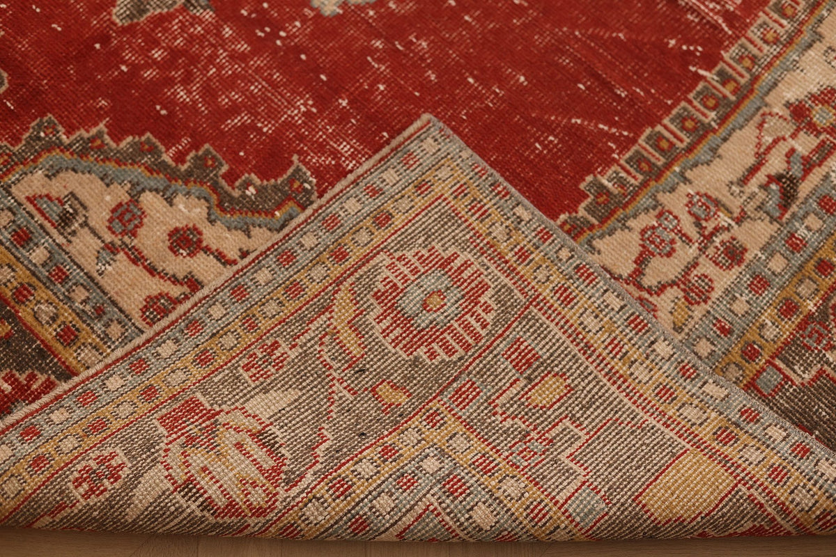 Vintage Isparta Turkish Area Rug 6x11 ft — Red & Beige Distressed