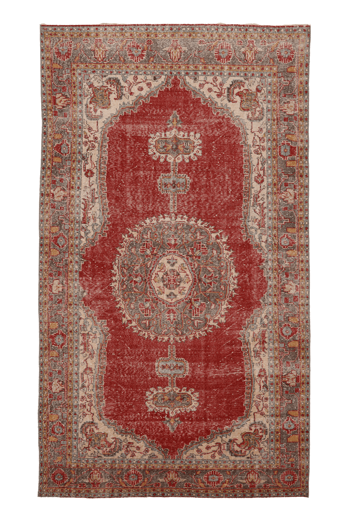 Vintage Isparta Turkish Area Rug 6x11 ft — Red & Beige Distressed