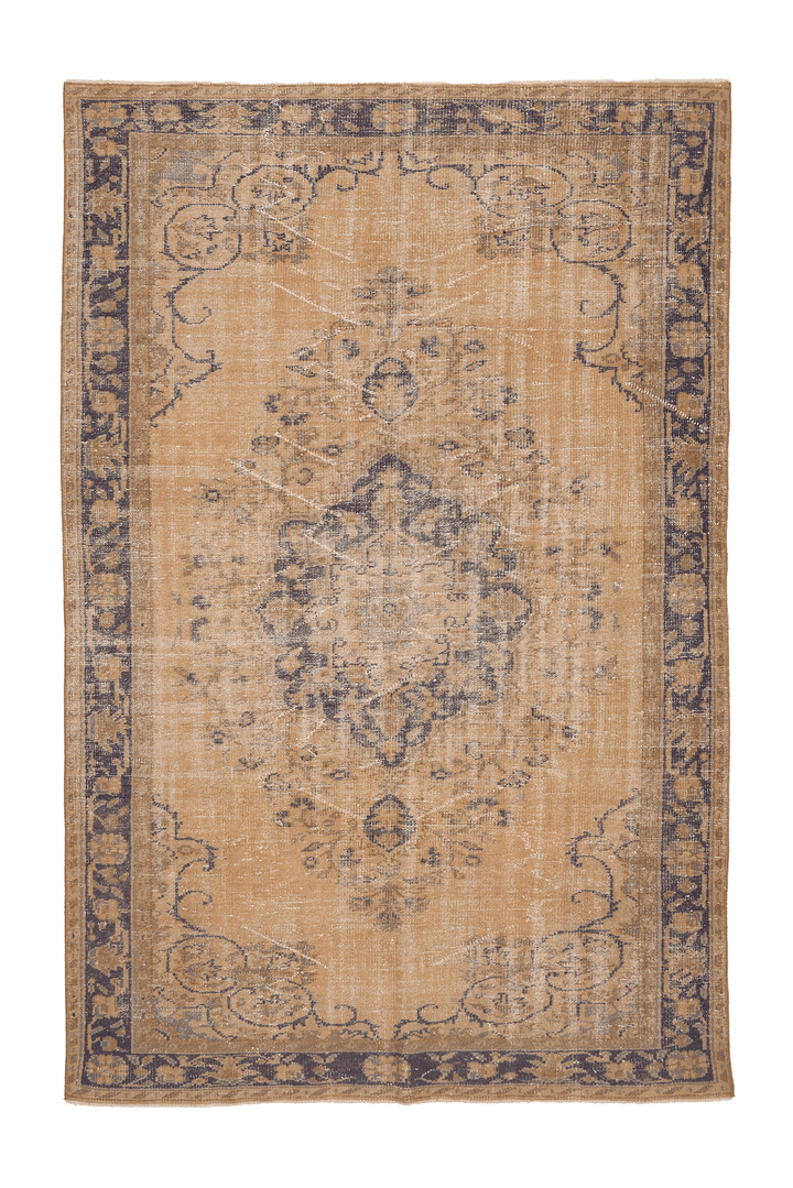 Vintage Isparta Turkish Area Rug 6x9 ft — Beige & Blue Floral