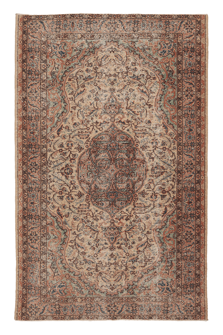 Vintage Isparta Turkish Area Rug 5x8 ft — Beige & Brown Floral