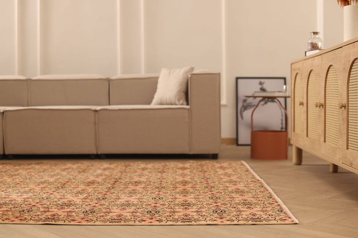 Vintage Isparta Turkish Area Rug 7x9 ft — Beige & Brown Floral