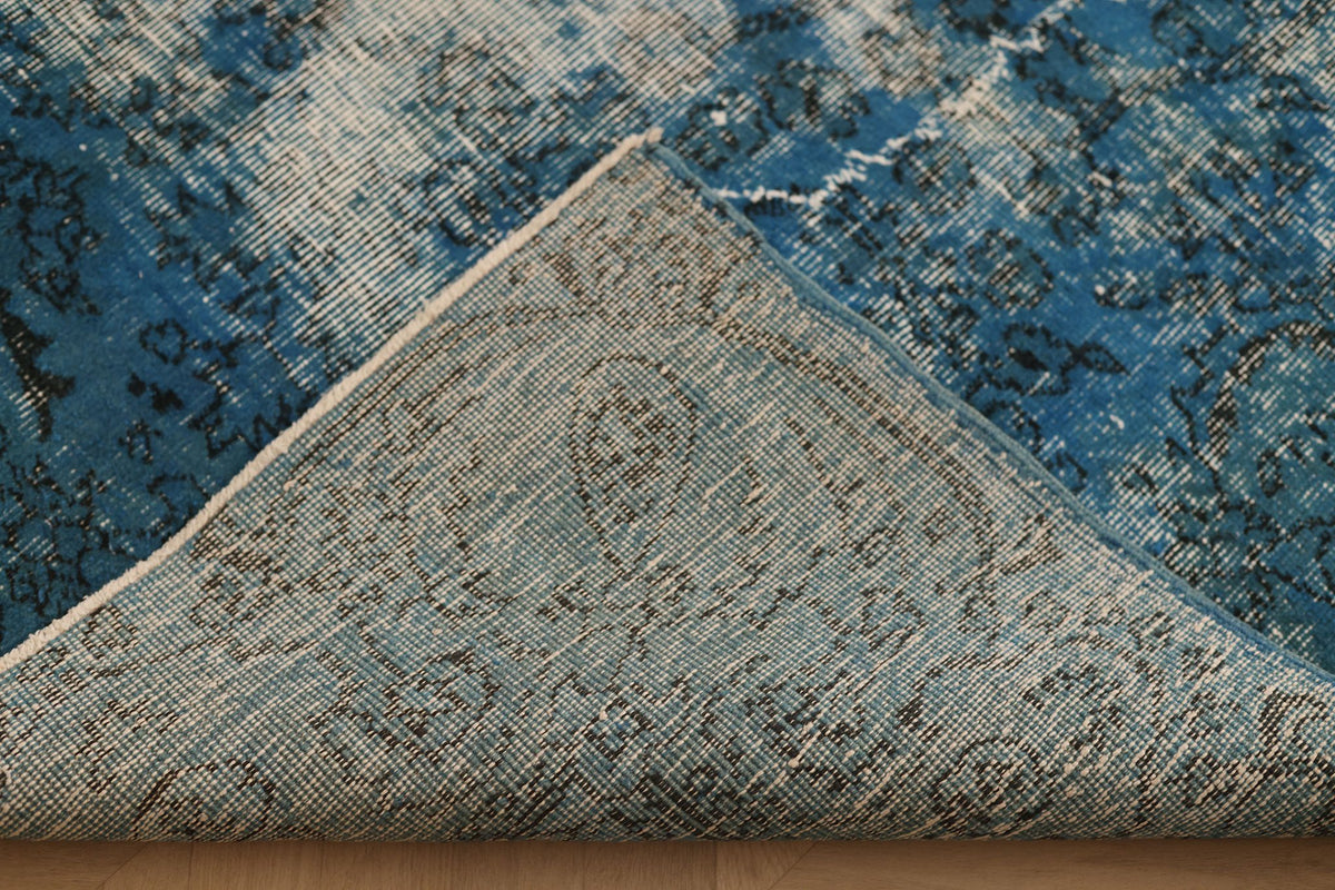 Vintage Isparta Turkish Area Rug 6x9 ft — Blue & White Overdyed