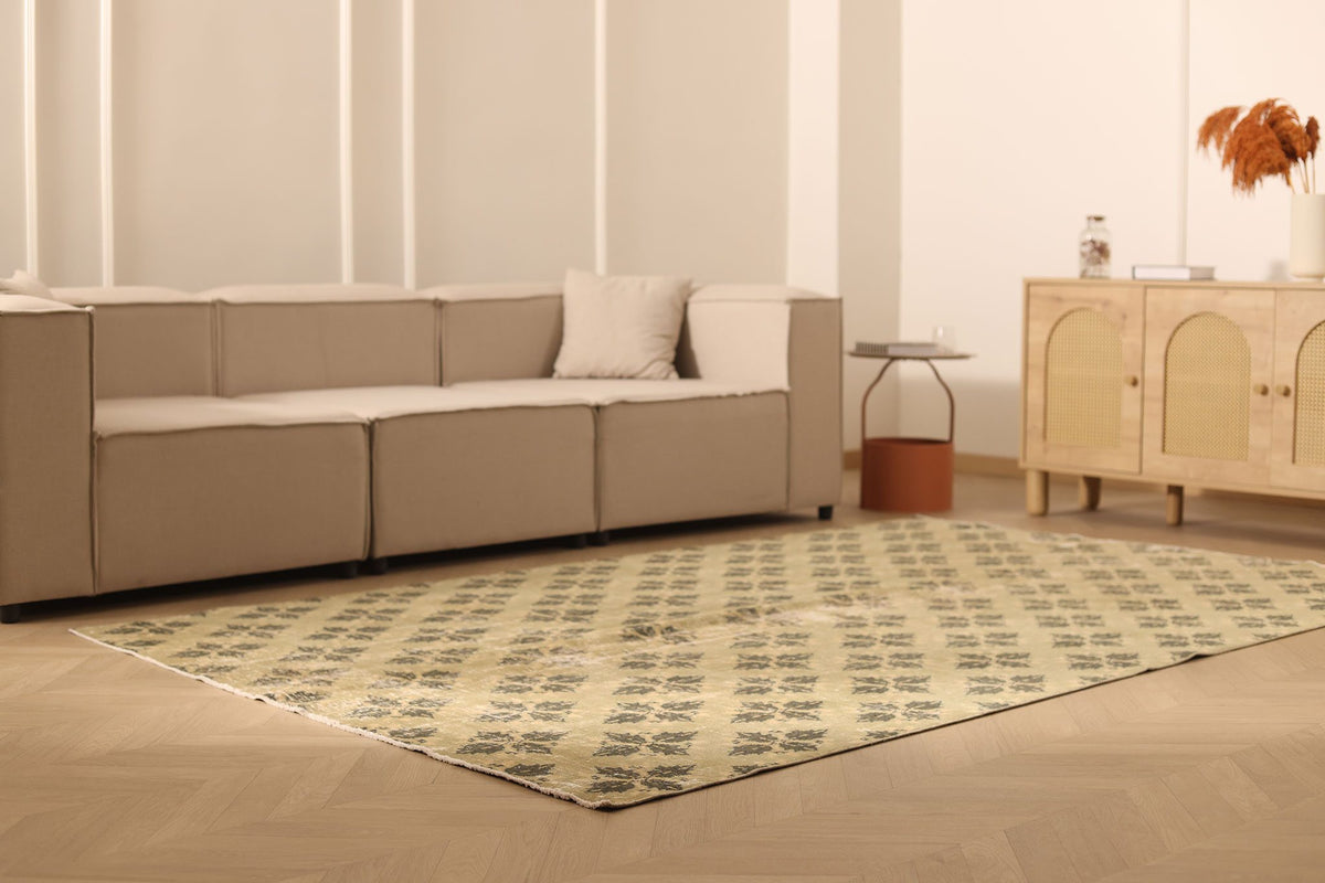 Vintage Isparta Turkish Area Rug 6x9 ft — Beige & Brown Floral