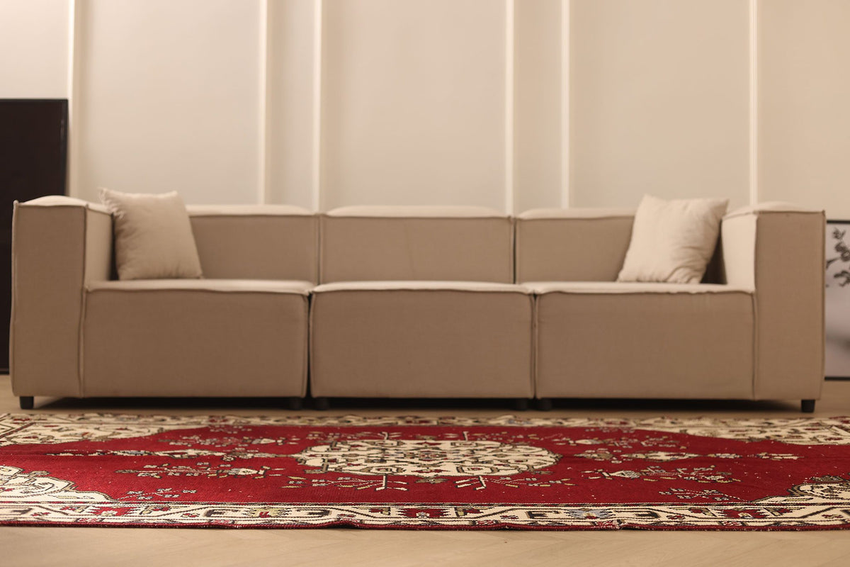 Vintage Çanakkale Turkish Area Rug 6x8 ft — Red & Beige Floral