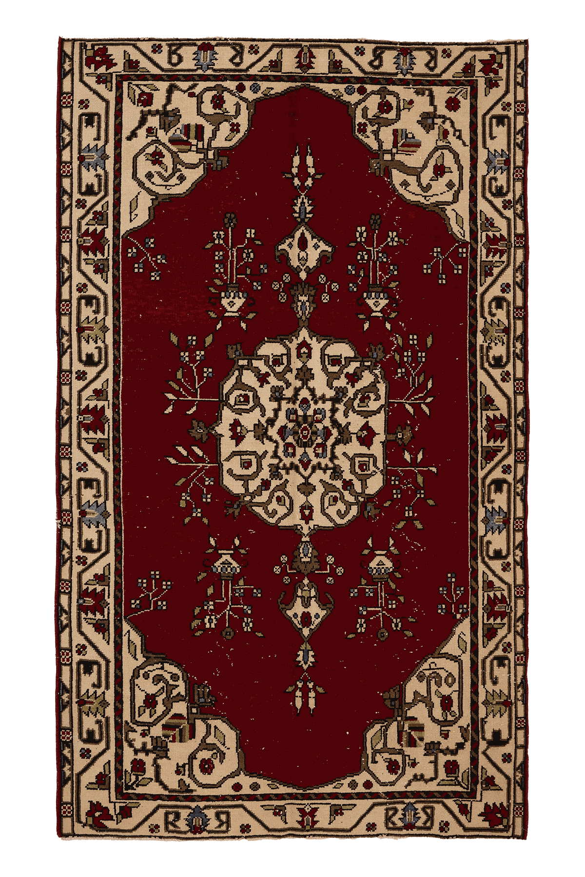 Vintage Çanakkale Turkish Area Rug 6x8 ft — Red & Beige Floral