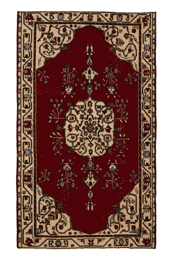 Vintage Çanakkale Turkish Area Rug 6x8 ft — Red & Beige Floral