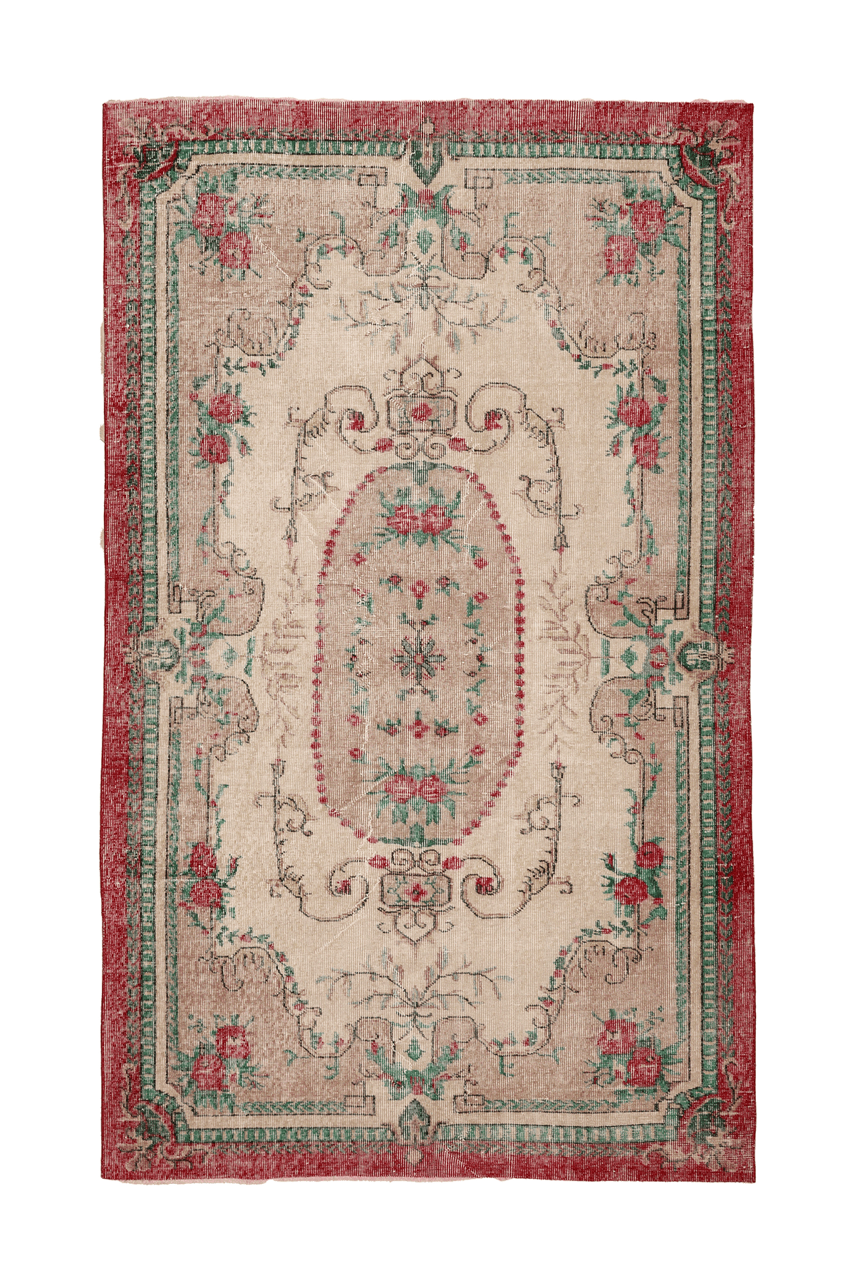 Vintage Isparta Turkish Area Rug 5x8 ft — Beige & Red Floral