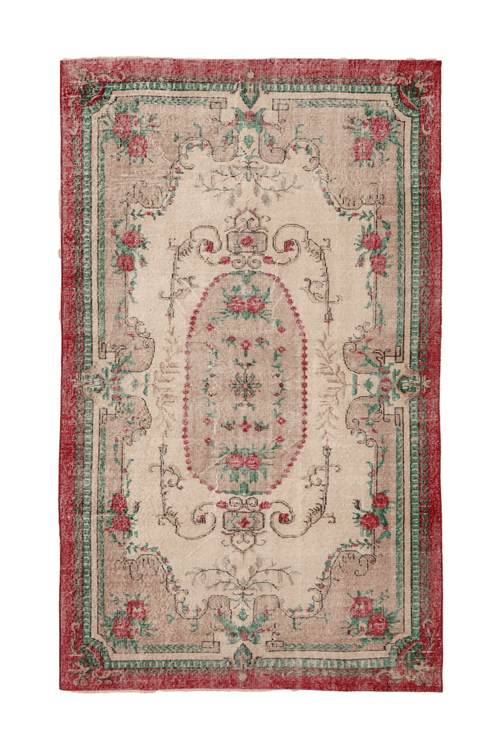Vintage Isparta Turkish Area Rug 5x8 ft — Beige & Red Floral