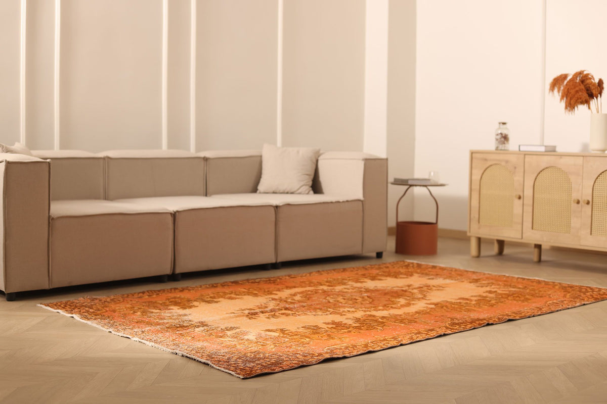 Vintage Isparta Turkish Area Rug 5x9 ft — Orange & Brown Floral