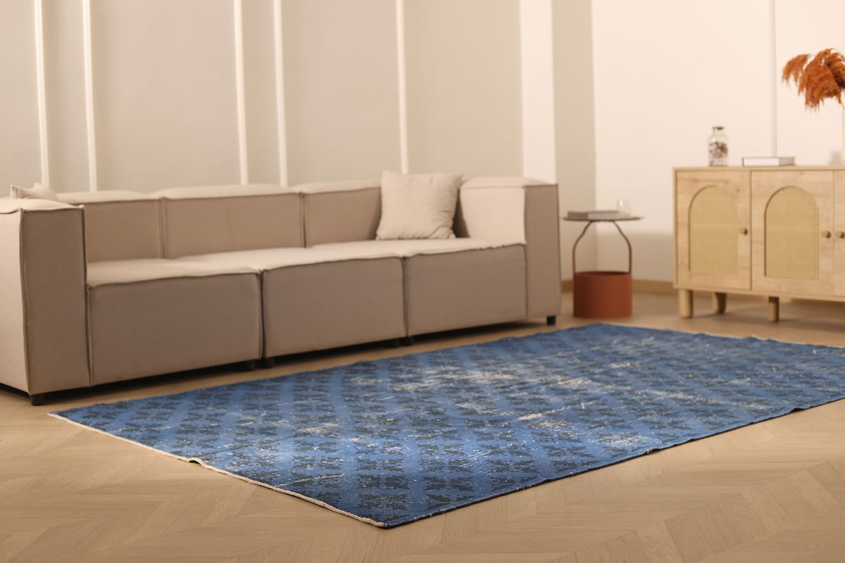 Vintage Isparta Turkish Area Rug 6x9 ft — Blue & Gray Overdyed