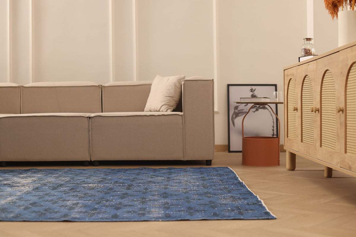 Vintage Isparta Turkish Area Rug 6x9 ft — Blue & Gray Overdyed
