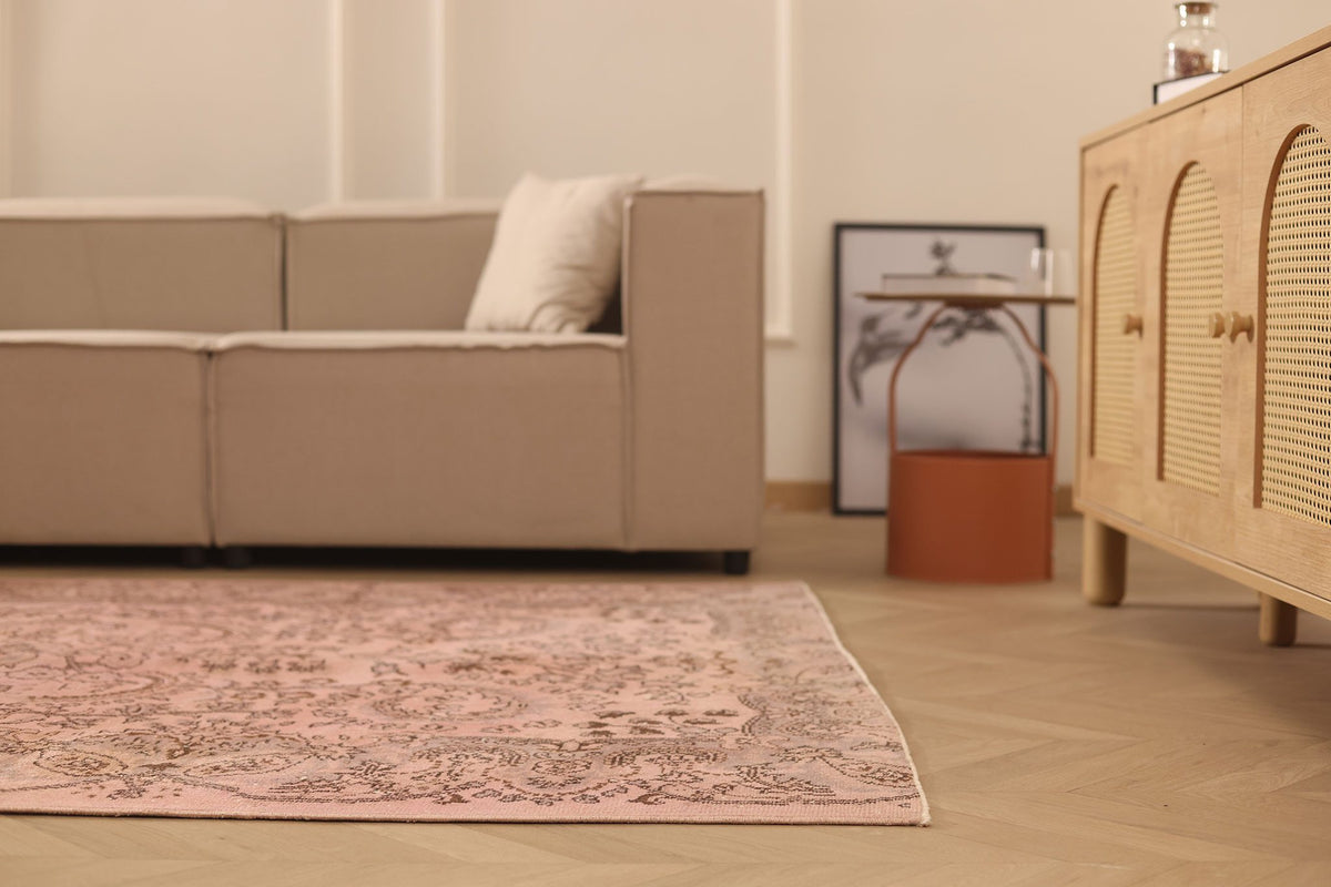 Vintage Isparta Turkish Area Rug 5x8 ft — Pink & Brown Floral