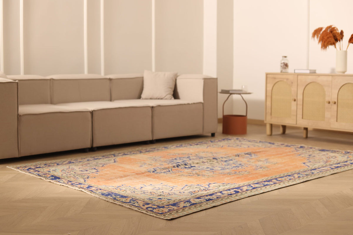 Vintage Manisa Turkish Area Rug 7x9 ft — Orange & Blue Floral