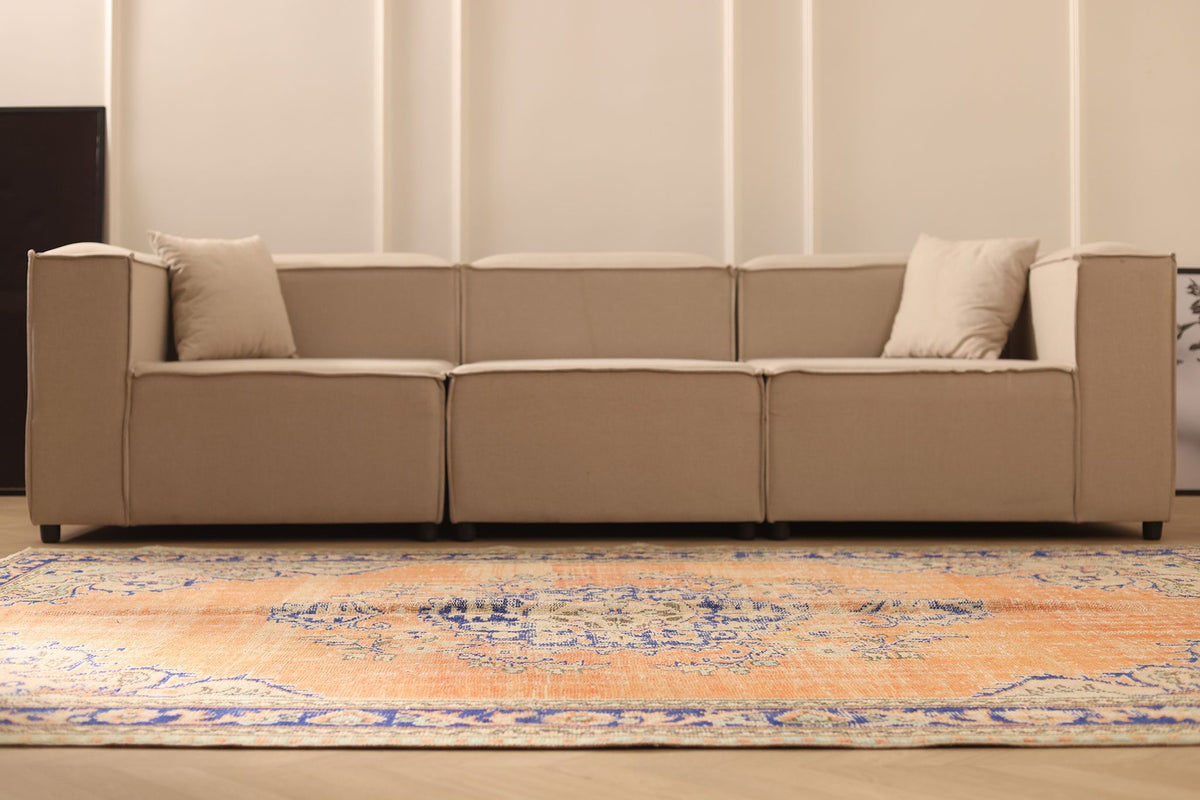 Vintage Manisa Turkish Area Rug 7x9 ft — Orange & Blue Floral