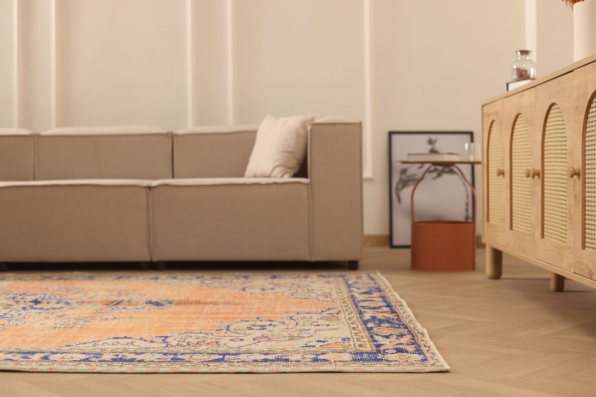 Vintage Manisa Turkish Area Rug 7x9 ft — Orange & Blue Floral