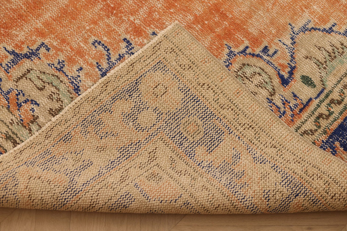 Vintage Manisa Turkish Area Rug 7x9 ft — Orange & Blue Floral