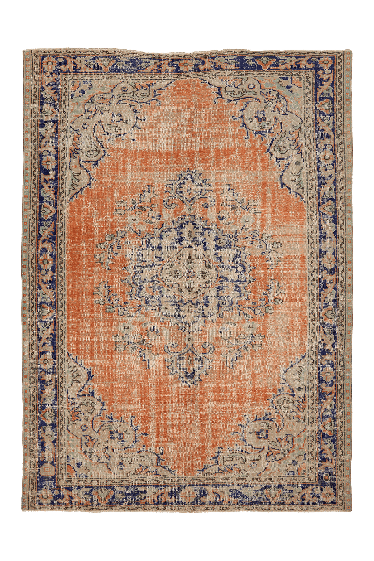 Vintage Manisa Turkish Area Rug 7x9 ft — Orange & Blue Floral