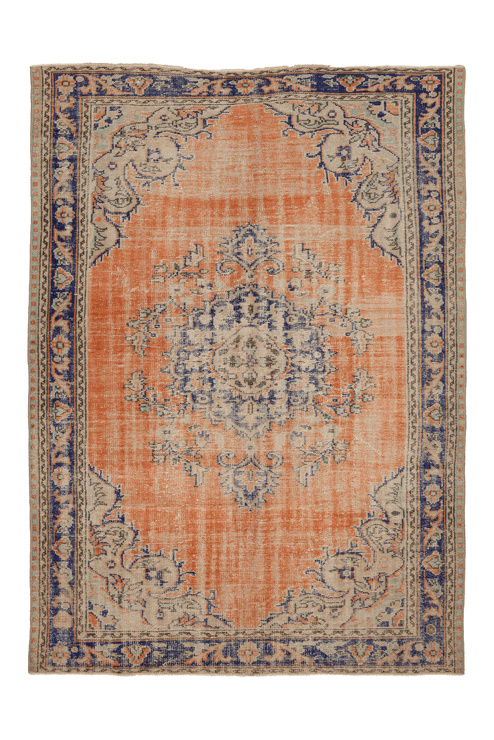 Vintage Manisa Turkish Area Rug 7x9 ft — Orange & Blue Floral