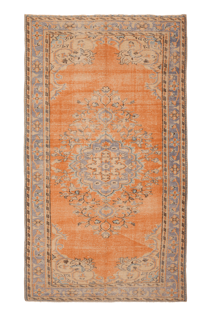 Vintage Manisa Turkish Area Rug 5x9 ft — Orange & Blue Floral