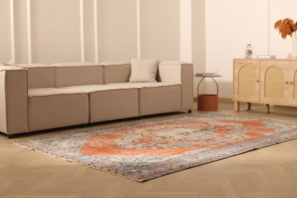Vintage Manisa Turkish Area Rug 6x10 ft — Orange & Blue Floral