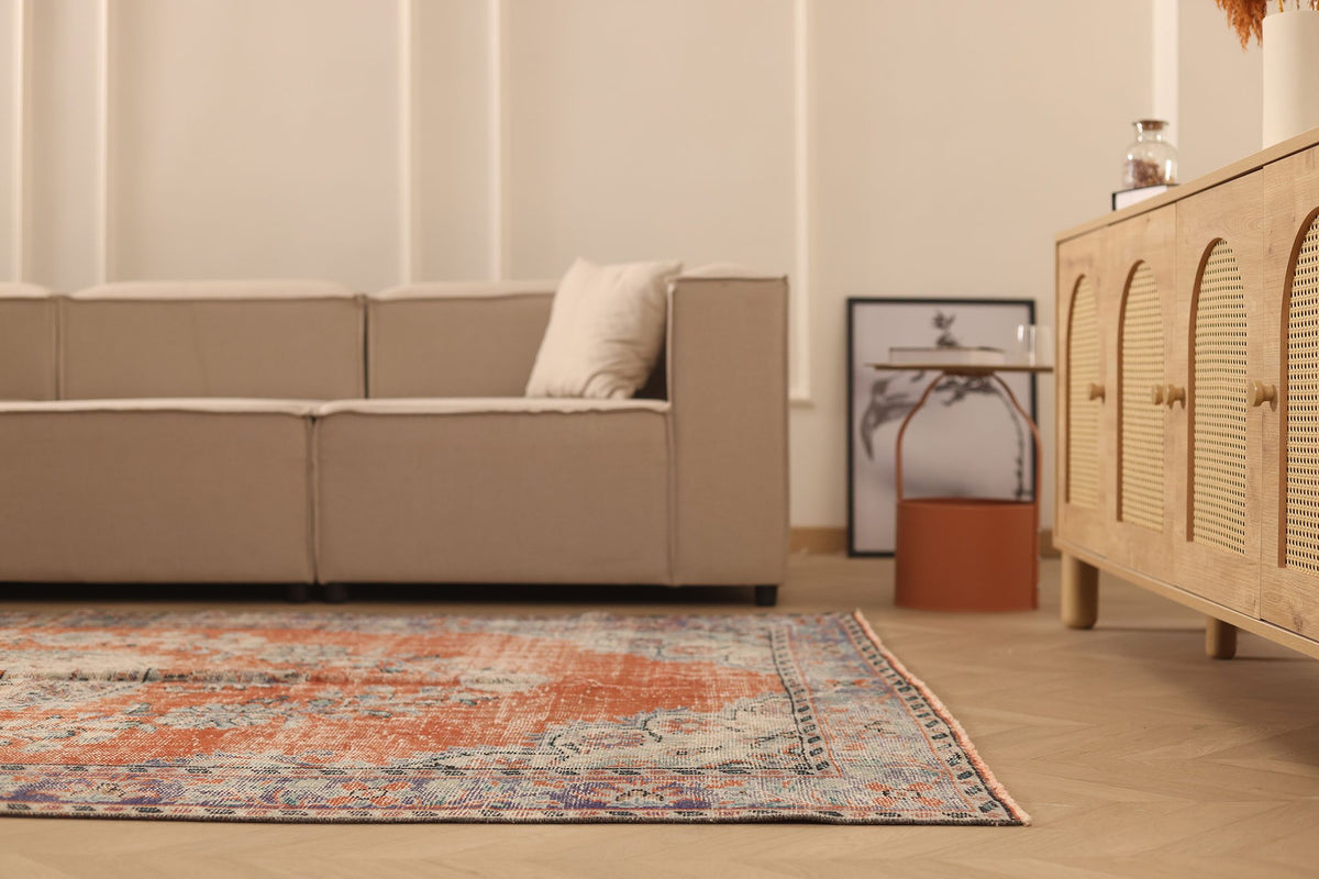 Vintage Manisa Turkish Area Rug 6x10 ft — Orange & Blue Floral