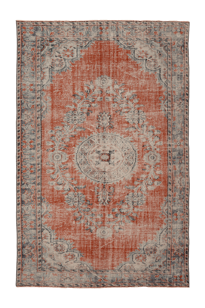 Vintage Manisa Turkish Area Rug 6x10 ft — Orange & Blue Floral