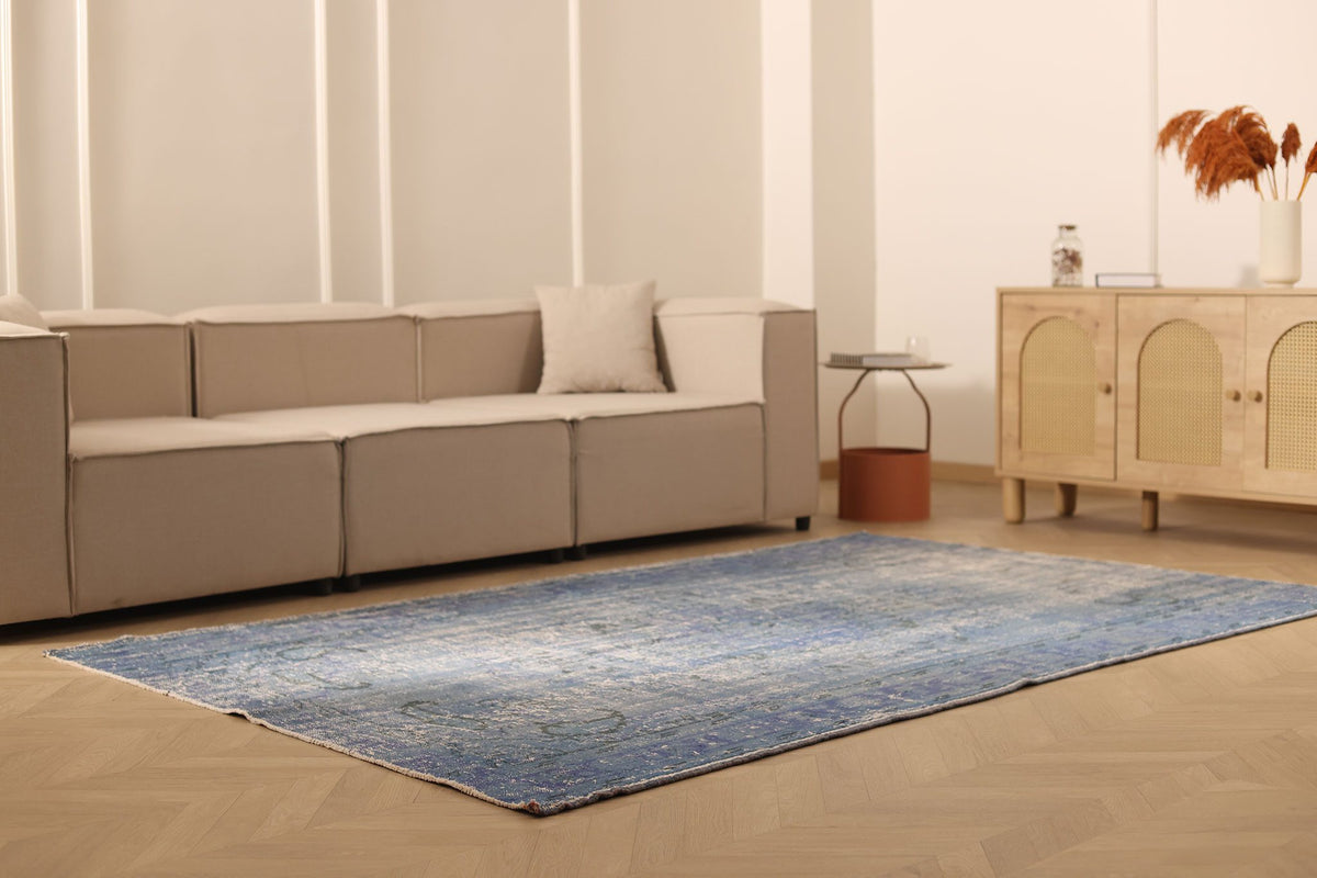 Vintage Manisa Turkish Area Rug 6x9 ft — Blue & Gray Overdyed