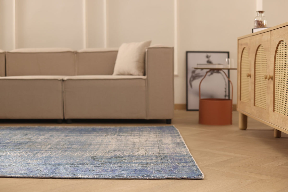 Vintage Manisa Turkish Area Rug 6x9 ft — Blue & Gray Overdyed