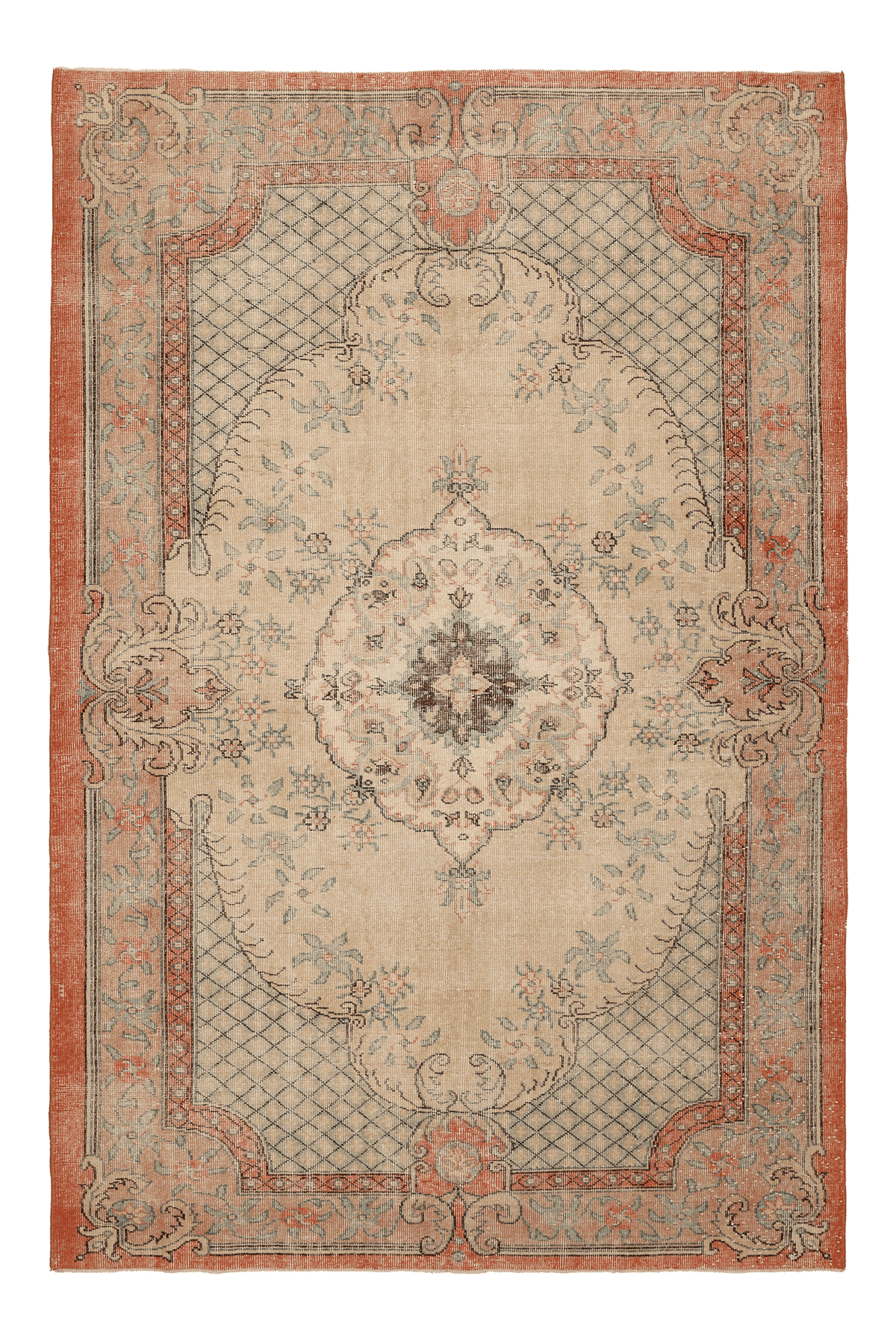 Vintage Isparta Turkish Area Rug 6x9 ft — Beige & Green Floral