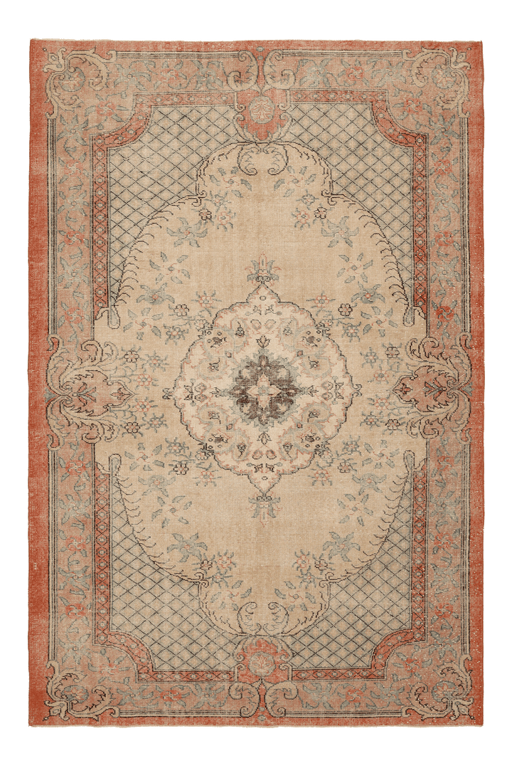 Vintage Isparta Turkish Area Rug 6x9 ft — Beige & Green Floral