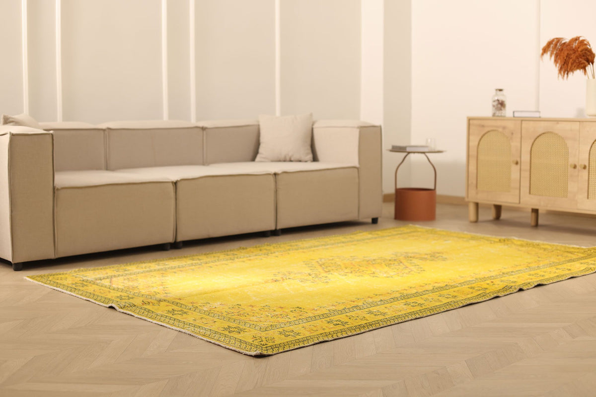 Vintage Manisa Turkish Area Rug 6x9 ft — Yellow & Brown Overdyed